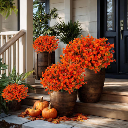 Artificial Fall Flowers Outdoor Fake Mums - 12 Bundles Fake Plants UV Resistant No Fade Faux Plastic Greenery Garden Porch Patio Fall Home Decor(OrangeGreen)