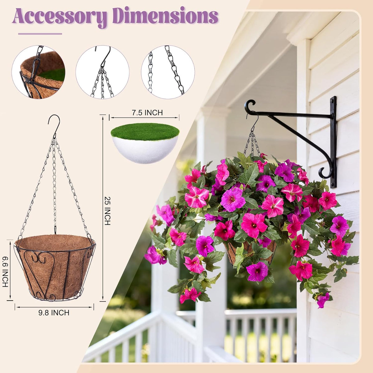 Artificial Petunia Flowers with Hanging Basket for Outdoors, 3 Pcs Fake Hanging Flowers UV Resistant Faux Silk Plants in Basket for Garden Porch Yard Patio Realistic Home Spring Decor(Purple Fuchsia)