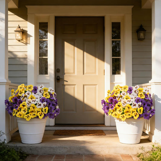 Artificial Pansies Flowers for Outdoors, 12 Pcs Faux Silk Pansy Flower UV Resistant Fake Plants for Outside Planter Porch Yard Patio Home Decor, Yellow White Purple, 12