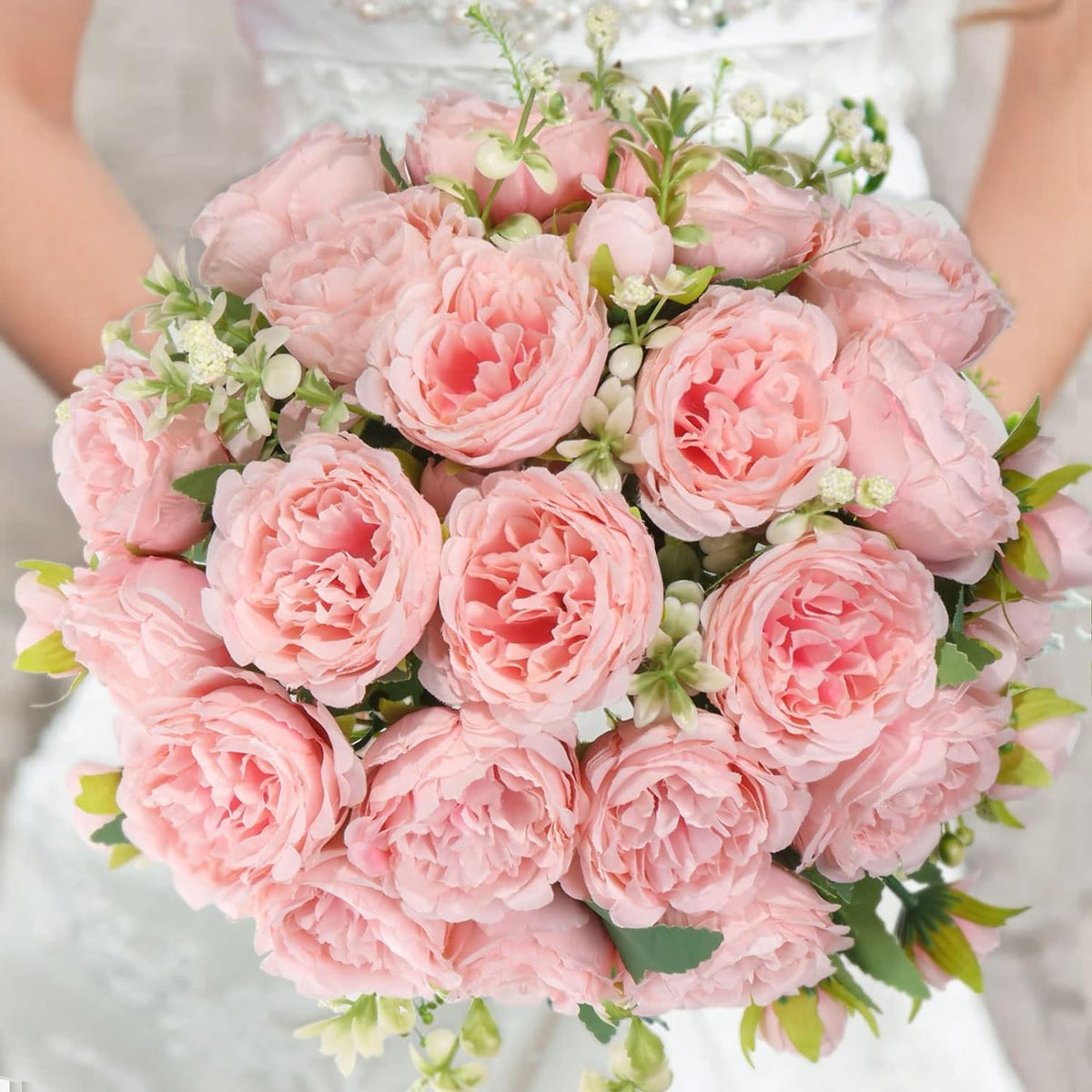 Artificial Peonies Silk Flowers, 4 Bundles Faux Peony Bouquet for Farmhouse Home Decor, Light Pink