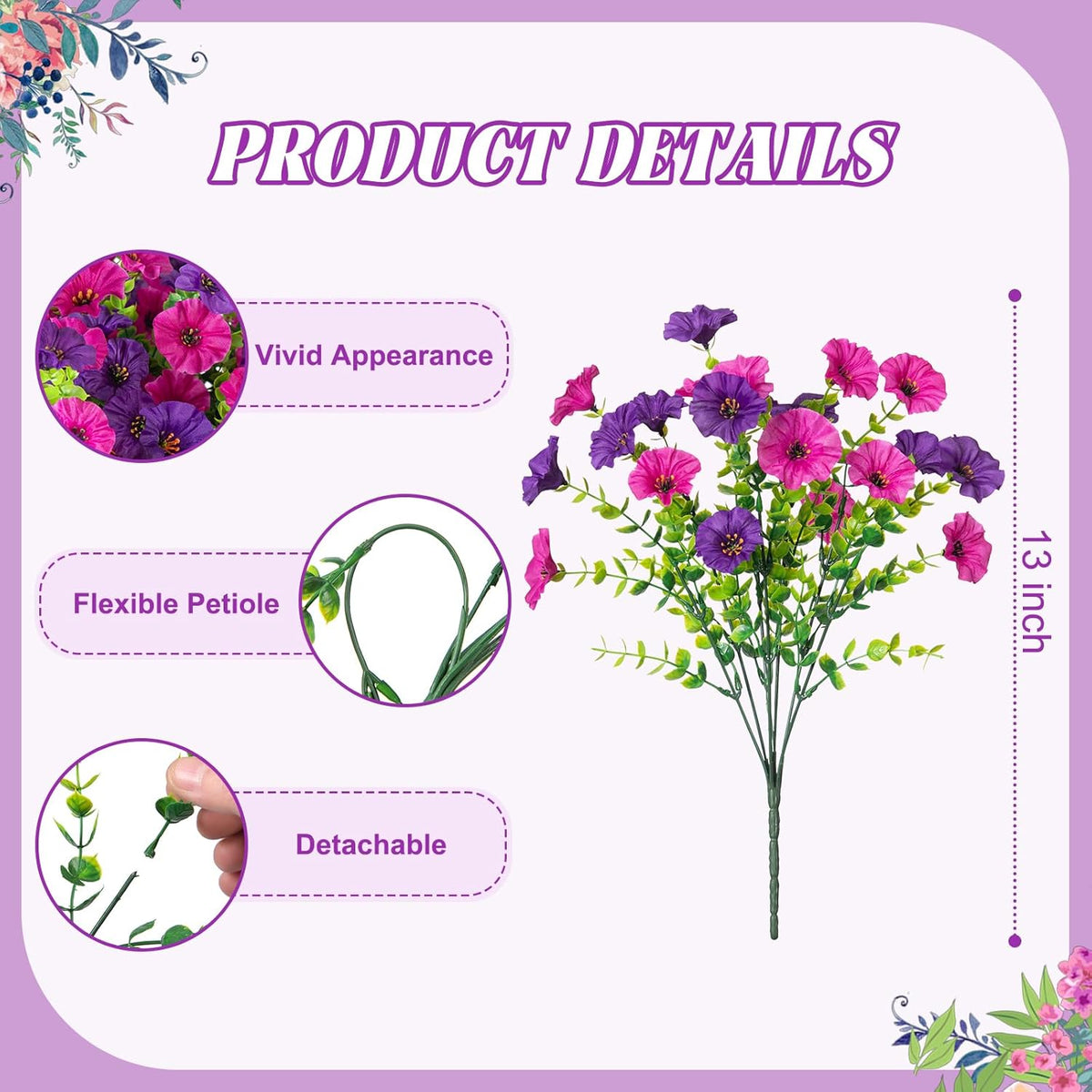 Artificial Flowers for Outdoors, 12 Bundles Fake Plastic Flower Plant, UV Resistant Faux Colorful Silk Morning Glory Petunias for Spring Summer Outside Garden Porch Front Door Decor, Purple