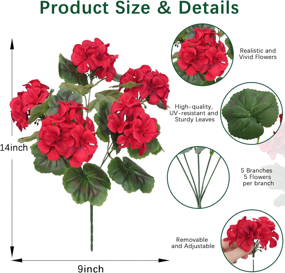 8 Pcs Artificial Geranium Flowers for Outdoor Spring Summer Decor - UV-Resistant & Realistic Silk Faux Plants for Garden Porch Patio Yard Balcony Home Kitchen Table Centerpieces Decoration, Red