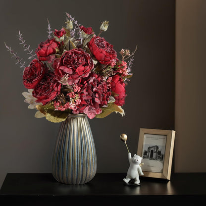 Ivydale Peony Artificial Flowers Bouquet 17.7" Faux Silk Arrangements Fake Peonies Plants Bulk Look Real Dining Table Centerpieces for Home Kitchen Wedding Party Decor, No Vase (Red)