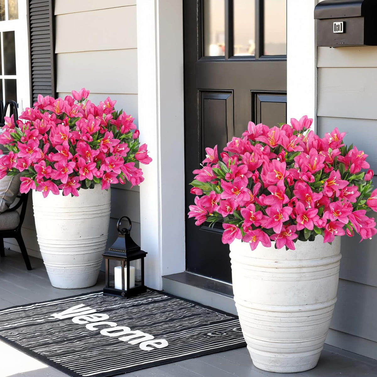 Ouddy Decor 8 Bundles Artificial Flowers for Outdoors, Fake Silk Flowers Azalea Plants UV Resistant for Summer Front Door Planter Garden Patio Window Box Balcony Walkway Home Decor, Fuchsia