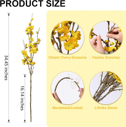 6 PCS Artificial Cherry Blossom Branches Spring Indoor Decoration, Faux Yellow Silk Flowers 34.45" Long Stems Real Touch Plum Fake Peach Plants for New Year Wedding Home Bedroom Table Office