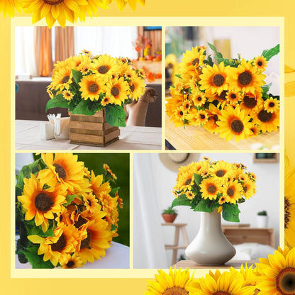 Redbaker 24 Bundles Sunflower Faux Mums for Outdoor Artificial Flower with Stems Bouquet Fake Plants Bulk UV Resistant Plastic No Fade Wedding Fall Garden Home Window Decor (Little Sunflower, Yellow)