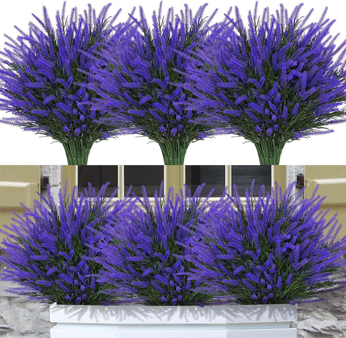 12 Bundles Fake Outdoor Flowers UV Resistant Plants Artificial Lavender Faux Plastic Shrubs Window Box Garden Porch Home Decor(Purple)