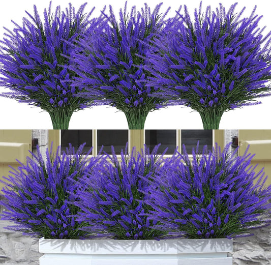 12 Bundles Fake Outdoor Flowers UV Resistant Plants Artificial Lavender Faux Plastic Shrubs Window Box Garden Porch Home Decor(Purple)