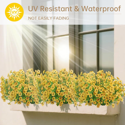 Artificial Faux Flowers Plants for Outdoors Outside Spring Summer Decoration, 12 Bundles Realistic Fake Flowers Plant Greenery Silk Daisy UV Resistant Planters Balcony Porch Patio Garden Home（Yellow）