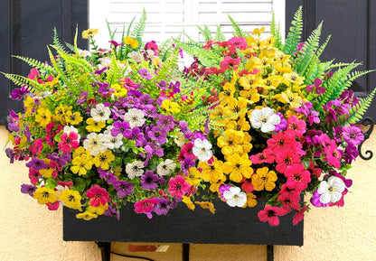 Artificial Fake Flowers for Outdoors, 16 Bundles Artificial Plants Outdoor Faux Plants UV Resistant, Realistic Faux Silk Flower 6 Colors Spring Summer Decor for Porch Outside Planter Window Box