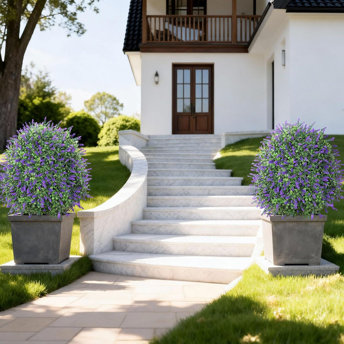 26" Artificial Boxwood Topiary Trees with Lavender Flowers 2 Pack Fake Plants for Outdoor Indoor Artificial Shrubs with Metal Ground Spike UV Resistant Fake Bushes for Front Porch Garden, Purple
