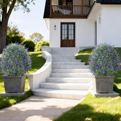 26" Artificial Boxwood Topiary Trees with Lavender Flowers 2 Pack Fake Plants for Outdoor Indoor Artificial Shrubs with Metal Ground Spike UV Resistant Fake Bushes for Front Porch Garden, Purple