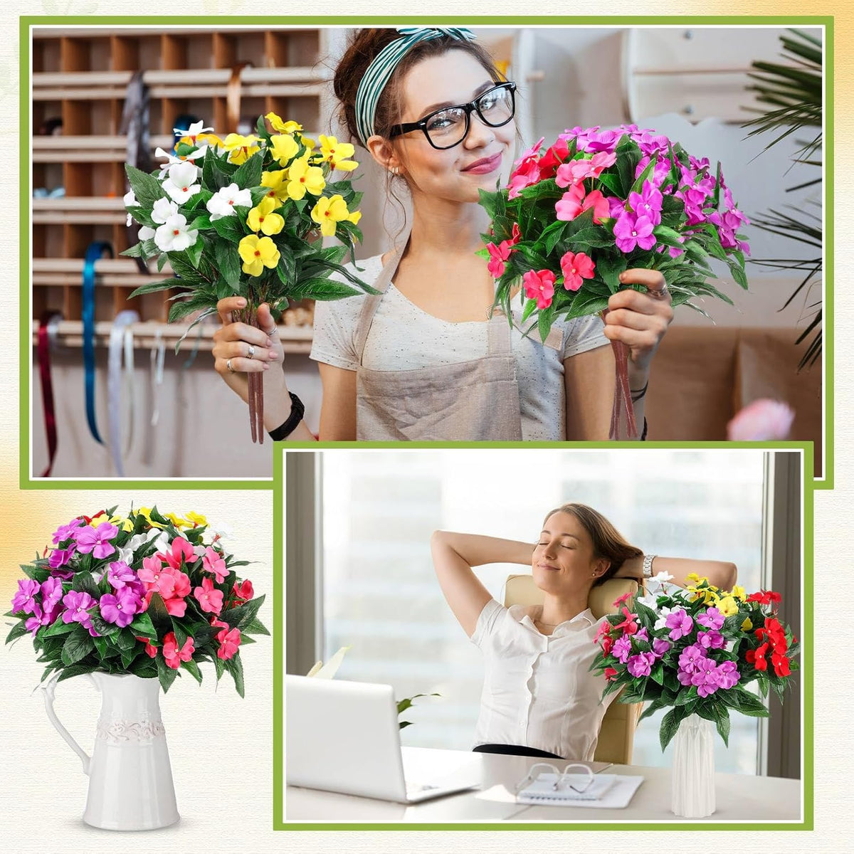 10 Bundles Artificial Impatiens Bouquet Flowers for Outdoors Silk Faux Flowers Indoor Fake Plastic Plants Patio Lawn Garden Wedding Fall Thanksgiving Decor (Multi Color)