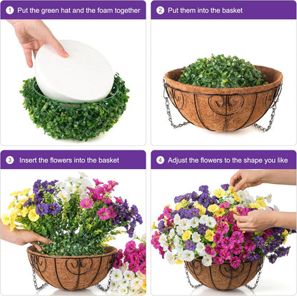 HyeFlora Artificial Hanging Flowers Faux Plants Basket for Outdoors Spring Decor, Fake Silk Morning Glory with Eucalyptus in Planter UV Resistant Outdoor Flowers for Outside Porch Patio Garden Home