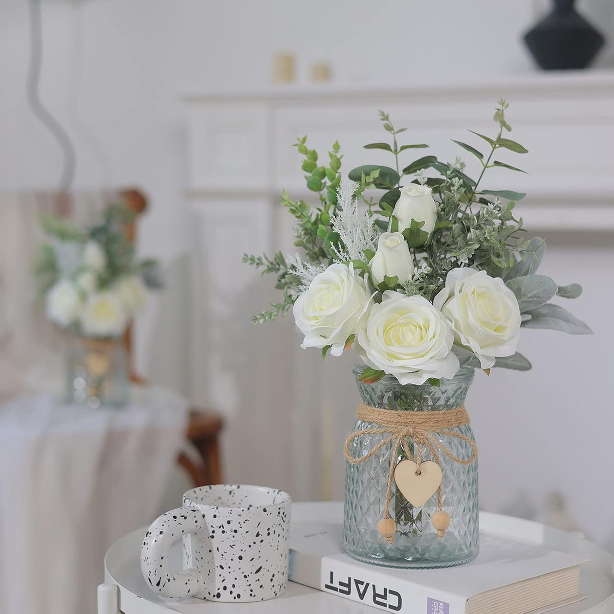 Faux Flowers with Vase, Artificial Silk Roses in Vase, Fake Plant Eucalyptus Flower Arrangement for Home Office Farmhouse Bathroom Dining Table Centerpiece Decorations Coffee Table Decor (White)