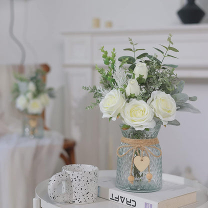 Faux Flowers with Vase, Artificial Silk Roses in Vase, Fake Plant Eucalyptus Flower Arrangement for Home Office Farmhouse Bathroom Dining Table Centerpiece Decorations Coffee Table Decor (White)
