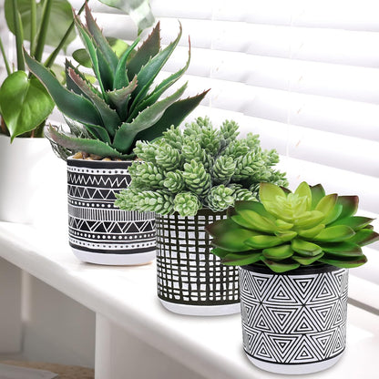 Winlyn Set of 3 Assorted Small Potted Succulents Arrangement Artificial Succulent Plants in Black and White Geometric Pots for Table Centerpiece Windowsill Shelf Indoor Outdoor Garden Greenery Decor