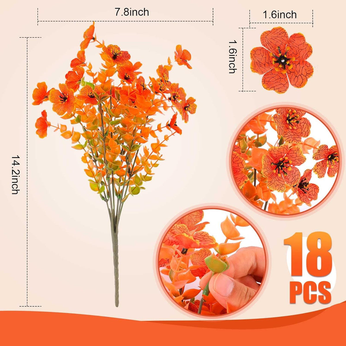 18 Pcs Artificial Mums Flowers Outdoor Plastic Fall Flowers Fake Mums Autumn Greenery Flower for Porch Window Box Farmhouse Thanksgiving Home Decor ((18, Orange)