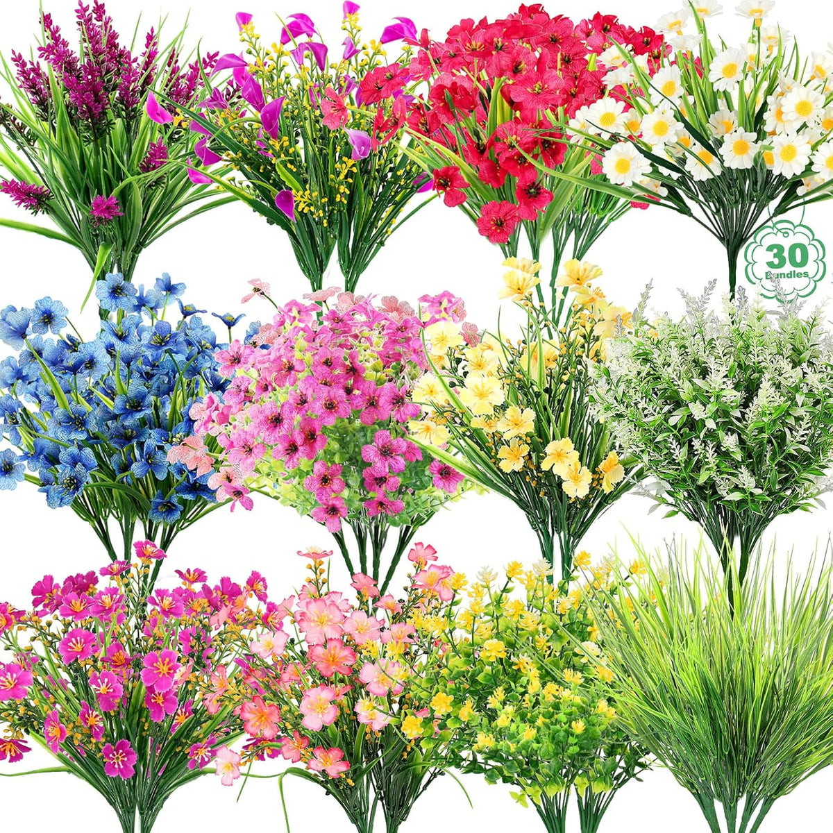 30 Bundles 12 Style Artificial Flowers for Outdoors Fake Silk Flowers UV Resistant Faux Plastic Plants for Spring Summer Garden Porch Window Box Table Vase Home Indoor Outdoor Hanging Decoration