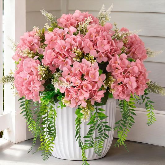 Artificial Hydrangea Flowers Silk Champagne Fake Flower with Eucalyptus for Outdoor Decorations UV Resistant Realistic Faux Plants for Garden Porch Window Box Indoor Table Decor