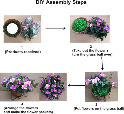 Flo Set of Hanging Basket Artificial Impatiens Flowers Purple and Pink for Balcony Decoration (Big Basket and Artifiical Flowers) Flo