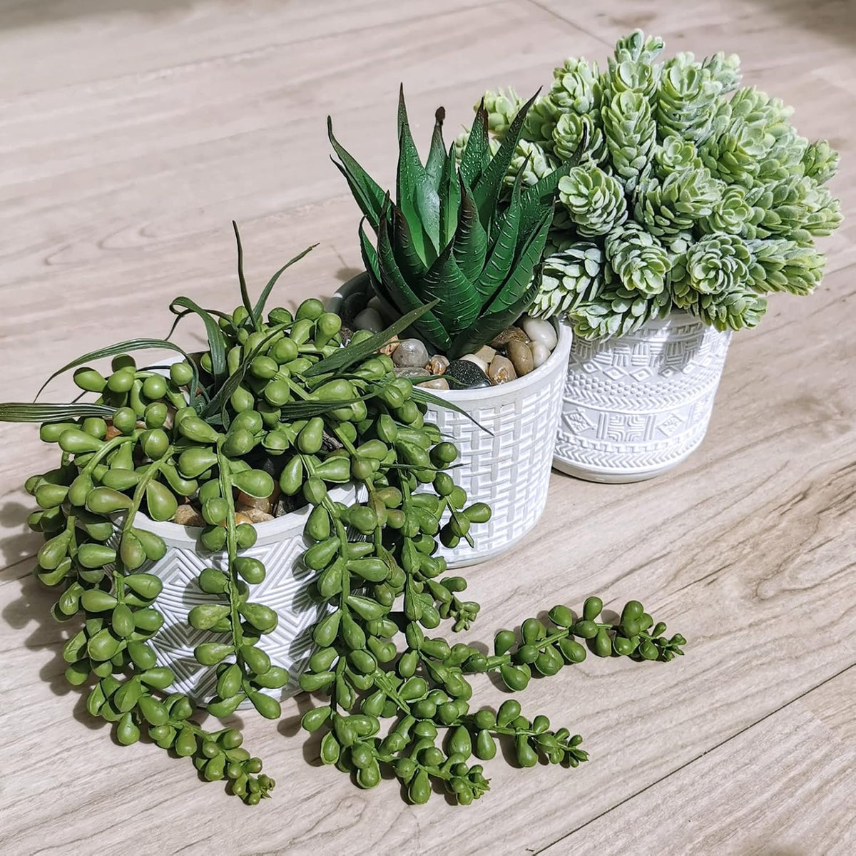 Set of 3 Assorted Small Potted Succulent Plants Fake Aloe String of Pearls Hops Succulents in Gray Geometric Concrete Ceramic Pots for Gifts Modern Home Office Desk Table Indoor Outdoor Greenery Decor