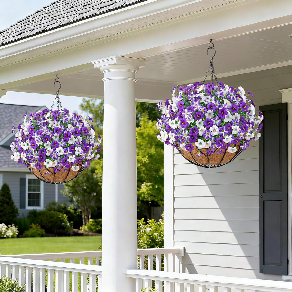 KHOYIME Artificial Flowers for Outdoor Decoration, 12PCS Faux White Purple Petunias Silk Flower UV Resistant Realistic Fake Plants for Outside Planter Garden Porch Yard Spring Summer Home Indoor Decor