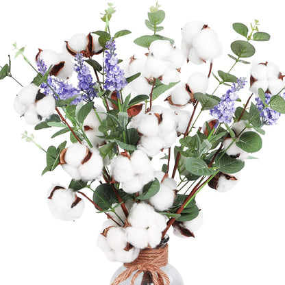 Ageomet 6 Pcs 20Inch Farmhouse Cotton Flowers, Faux Cotton Stems Arrangements for Home Decor, Artificial Cotton Floral Plants Decor with Eucalyptus Lavender Bulk