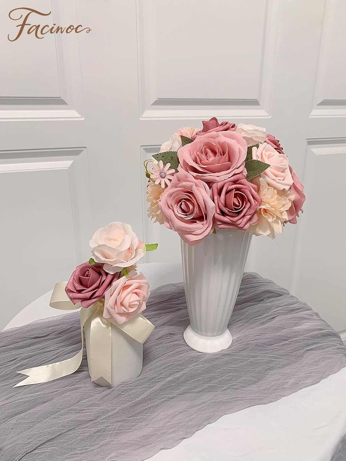 Roses Artificial Flowers Pink Bouquets Box Set for DIY Bridal Wedding Shower Decorations Fake Floral Arrangements for Party Table Centerpieces Home Decor Indoor Outdoor Dusty Blush 19 Pcs