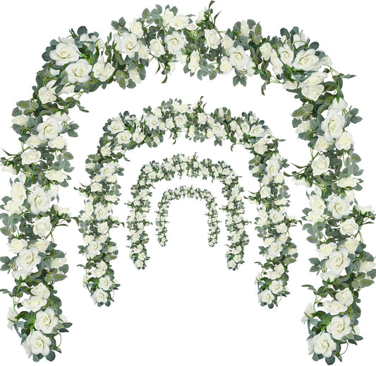 Flower Garland Rose Vine 4Pcs 28FT Artificial Floral Garland with Green Leaves Hanging Rose Vine for Wedding Party Garden Home Wall Decor (White)