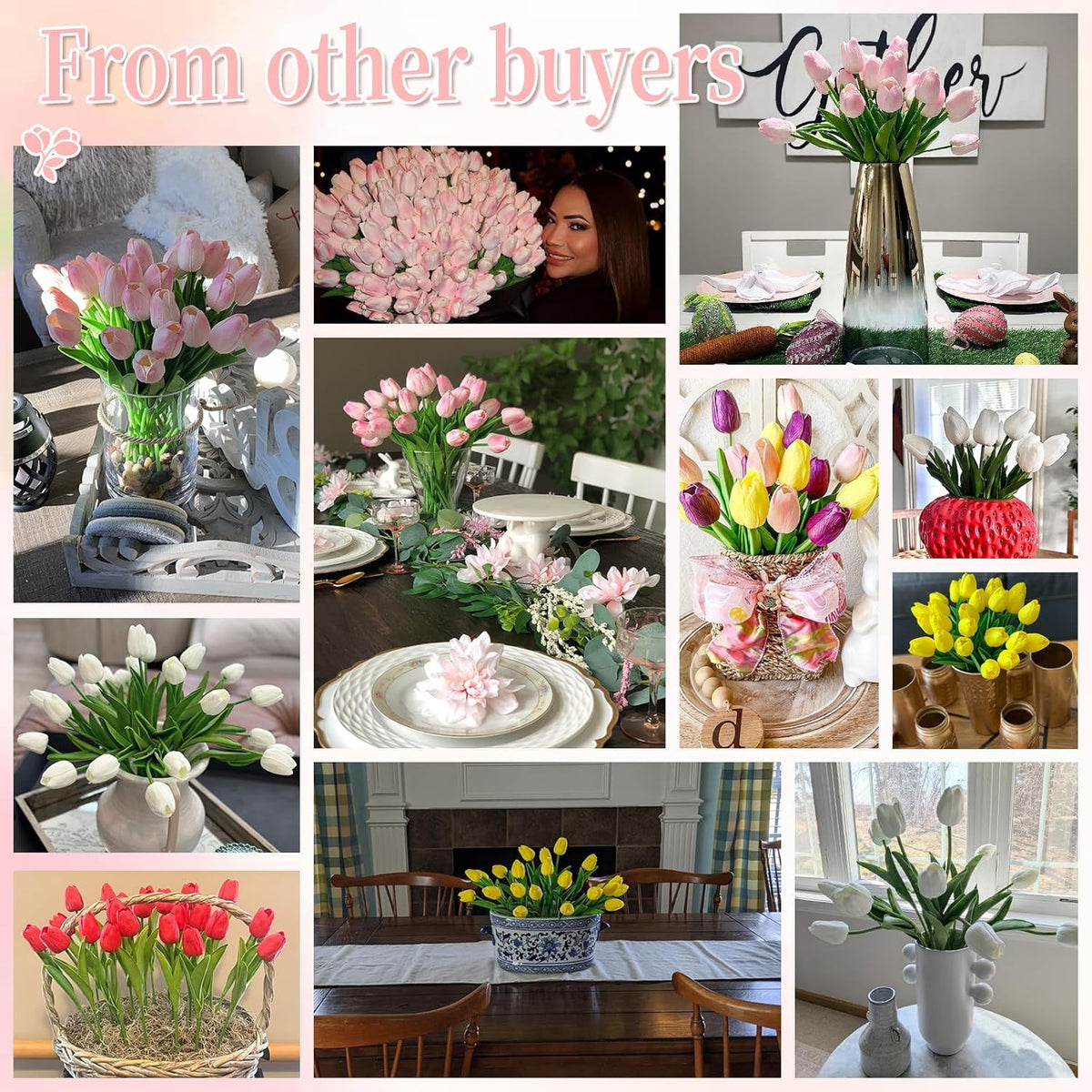 24 Pcs Artificial Tulips PU Faux Flowers, Red Real Touch Fake Tulips for Valentine's Day Spring Easter Home Kitchen Wedding Decorations and New Year Decor