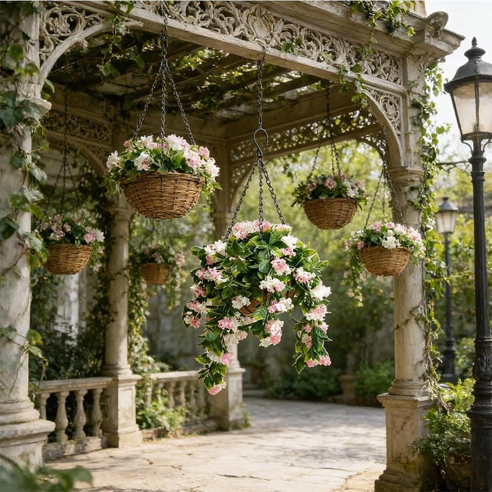 15" Faux Crepe Myrtle Hanging Baskets - Set of 2, Artificial Hanging Plants Flowers for Outdoors, No Maintenance Required, No Watering Needed. Brighten Your Porch Instantly! (Pink)