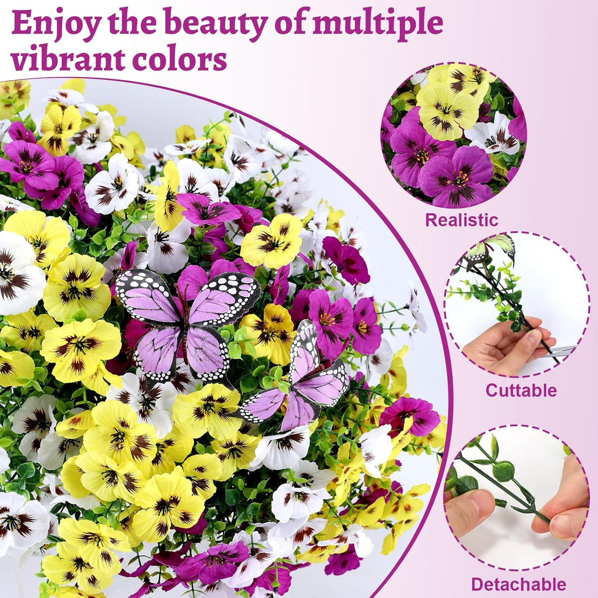 Artificial Flowers for Outdoor, 18 Bundles UV Resistant Faux Silk Pansy Flowers with Butterfly Accents, Realistic Fake Plants for Planters, Window Boxes & Grave Decor, 15 Bundles + 3 Butterflies