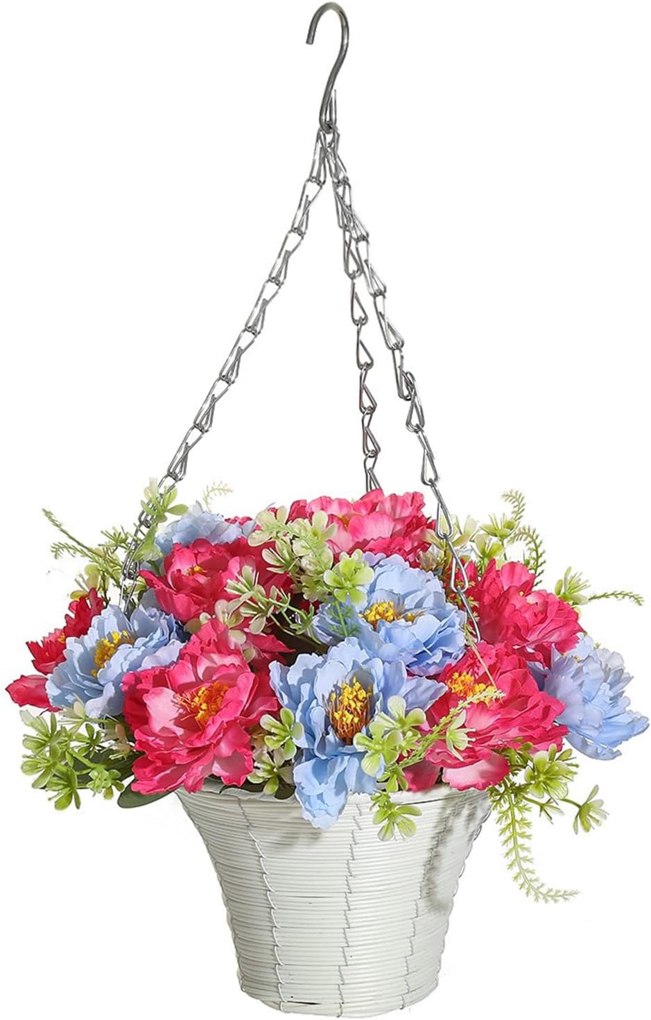 Artificial Flower Hanging Basket, Artificial Hanging Baskets with Flowers, Fake Flowers in Hanging Basket, Fake Hanging Plants for Outdoor Decor, Faux Flowers for Outdoor Patio Garden(1PCS-red blue)
