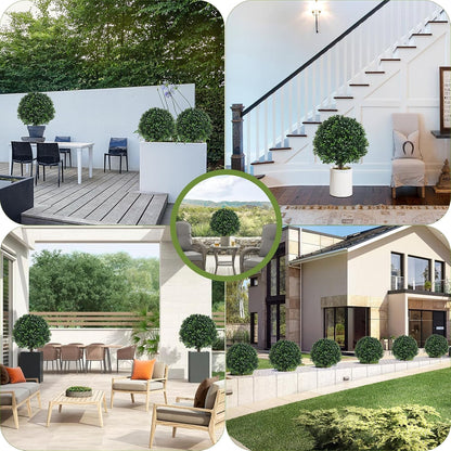 Artificial Boxwood Topiary Ball Bush for Outdoor with Spike, Set of 2 UV Resistant Faux Boxwood Ball Tree with Stake, Weatherproof Fake Round Topiary Shrub Plant for Front Porch Planter