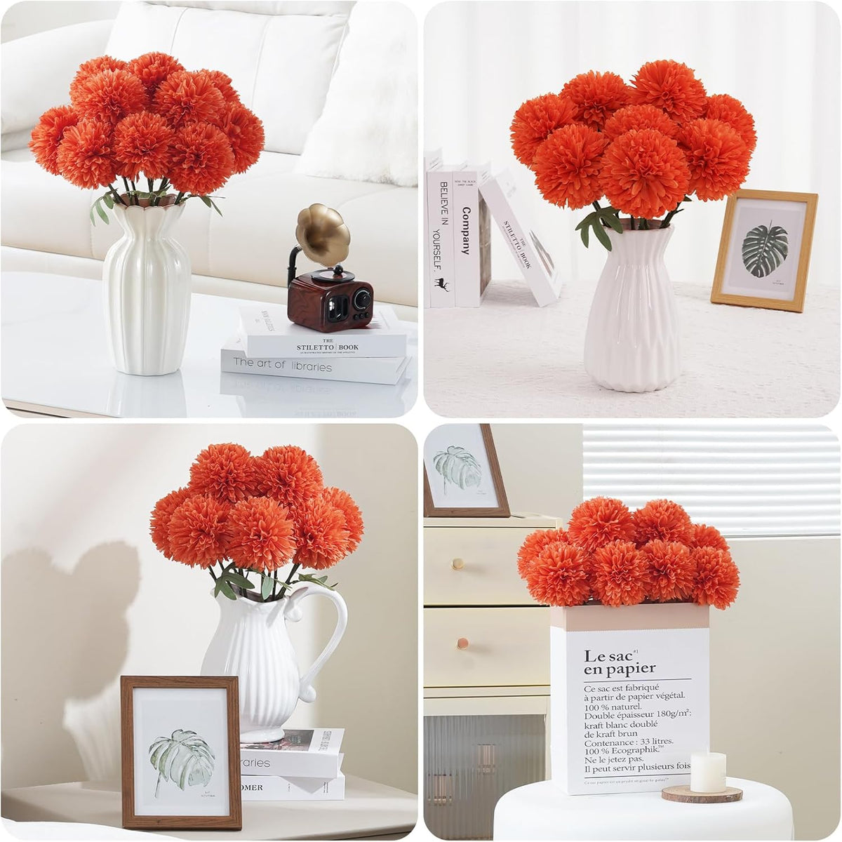BonBloom's Artificial Chrysanthemums Flowers, 10 Pcs Realistic Large Faux Mums Chrysanthemums Ball Silk with Stems for Autumn Easter Home Floral Arrangement Table Centerpiece (Orange)