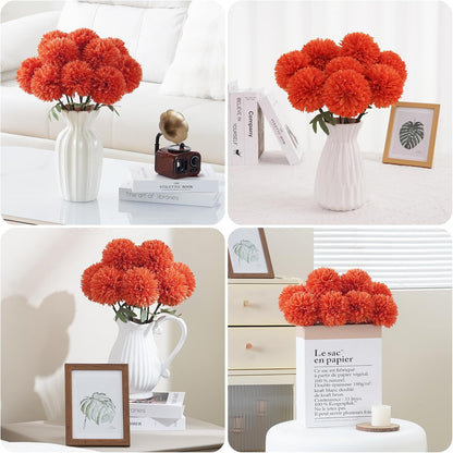 BonBloom's Artificial Chrysanthemums Flowers, 10 Pcs Realistic Large Faux Mums Chrysanthemums Ball Silk with Stems for Autumn Easter Home Floral Arrangement Table Centerpiece (Orange)