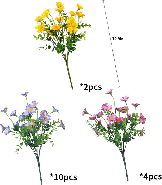 Artificial Plants & Flowers Outdoor 16 Bundles Fade Resistant Wildflowers Fake Daisy Outside Colorful Flowers Spring Summer Decorations for Planter Front Porch Decor(16 Bundles 3 Colors)