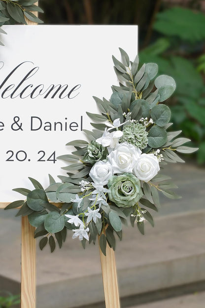 2-Pack Sage Green & White Wedding Flower Swag Set, Large: 35.43"L x 14.56"W, Small: 24.80"L x 12.99"W, Artificial Flowers for Wedding Arch, Ceremony, Table Centerpieces, Wall Hanging
