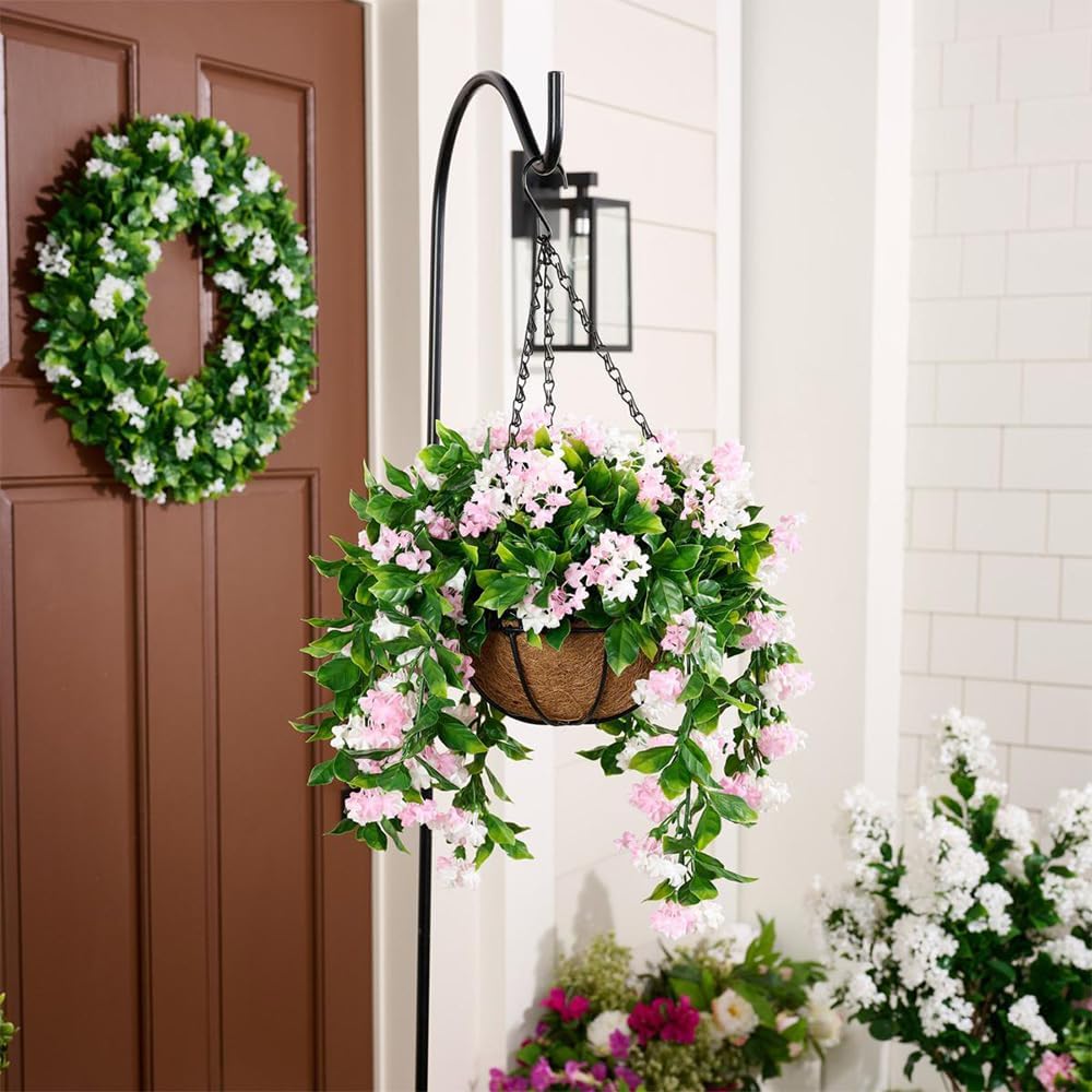 15" Faux Crepe Myrtle Hanging Baskets - Set of 2, Artificial Hanging Plants Flowers for Outdoors, No Maintenance Required, No Watering Needed. Brighten Your Porch Instantly! (Pink)
