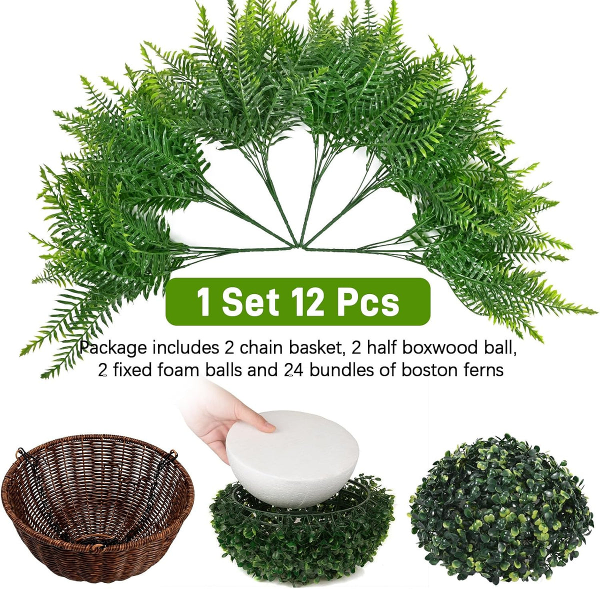 Waipfaru Fake Hanging Fern Plants Outdoor - 2 Pack UV Resistant Artificial Outdoor Hanging Plants, Realistic Faux Greenery Fern for Patio Front Porch Garden Home Decor