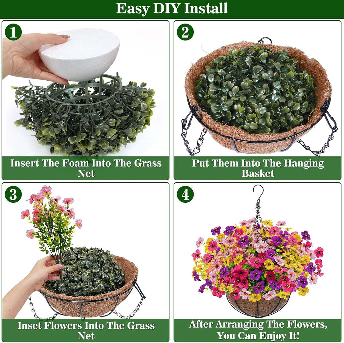 2 Sets Artificial Hanging Plants Flowers Basket Outdoor, Fake Hanging Plants Set of 2 Includes 24 Pcs Flowers for Porch, Patio, Garden, Home Decor in Spring Summer (Red, Purple, Yellow, Rose Red)