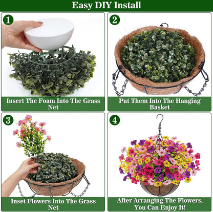 2 Sets Artificial Hanging Plants Flowers Basket Outdoor, Fake Hanging Plants Set of 2 Includes 24 Pcs Flowers for Porch, Patio, Garden, Home Decor in Spring Summer (Red, Purple, Yellow, Rose Red)