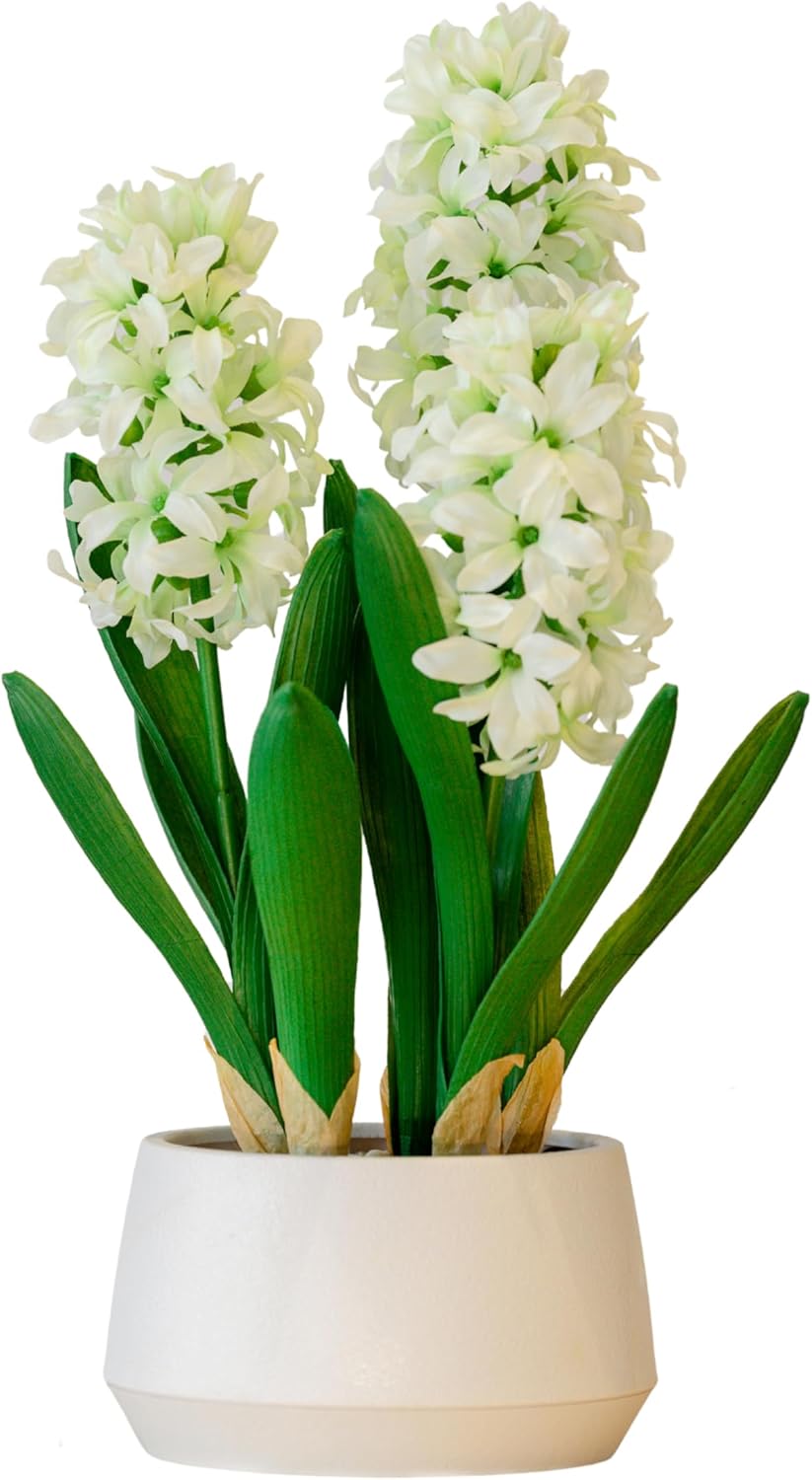 365 Blooming Decor 16 inch Tall White Potted Faux Hyacinth Flower Plant with River Stone-Luxury Artificial Garden Hyacinth for Home, Office Decoration, Housewarming