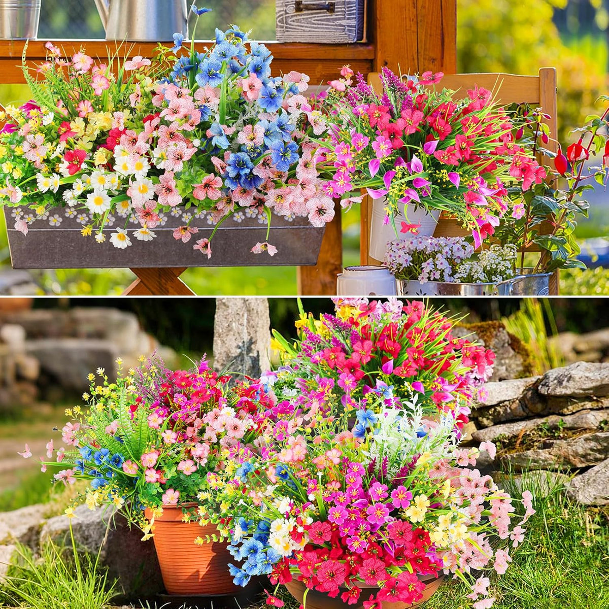30 Bundles 12 Style Artificial Flowers for Outdoors Fake Silk Flowers UV Resistant Faux Plastic Plants for Spring Summer Garden Porch Window Box Table Vase Home Indoor Outdoor Hanging Decoration