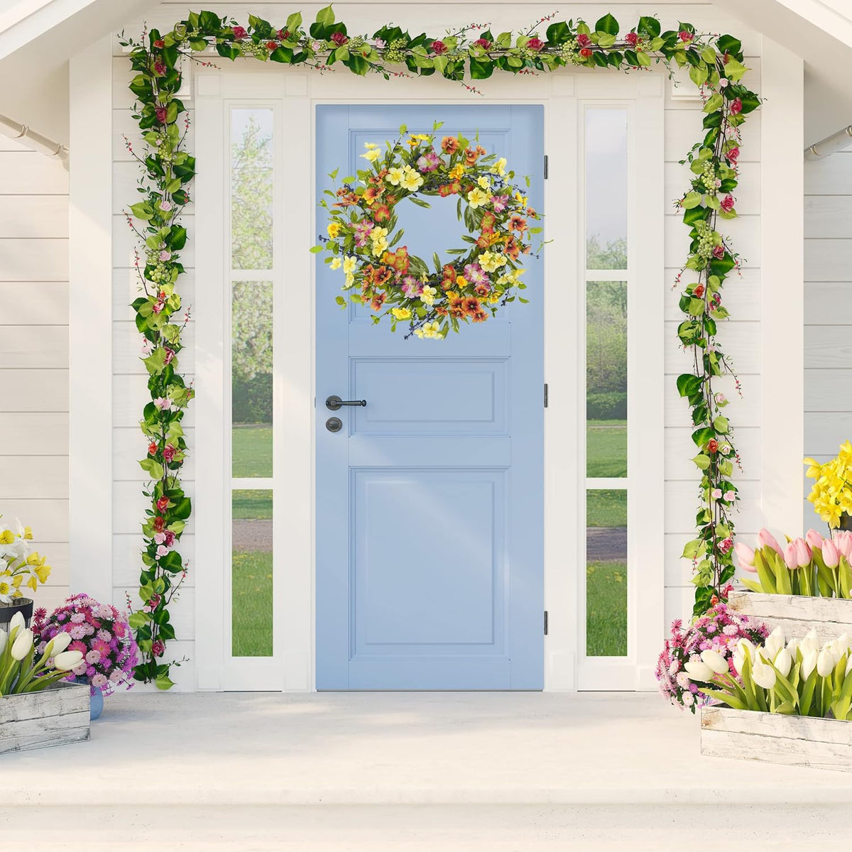20 inch Spring Summer Wreaths for Front Door Floral Wreath with Colorful Wildflowers, Eucalyptus Leaves, Olive Leaves, Small Berries for Indoor Outdoor Farmhouse Home Wall Window Festival Decoration