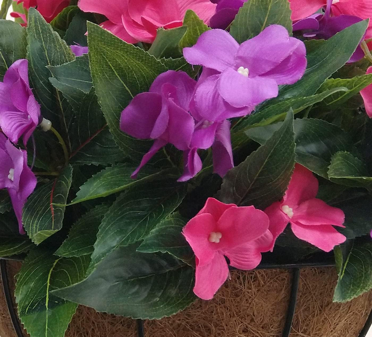 Flo Set of Hanging Basket Artificial Impatiens Flowers Purple and Pink for Balcony Decoration (Big Basket and Artifiical Flowers) Flo