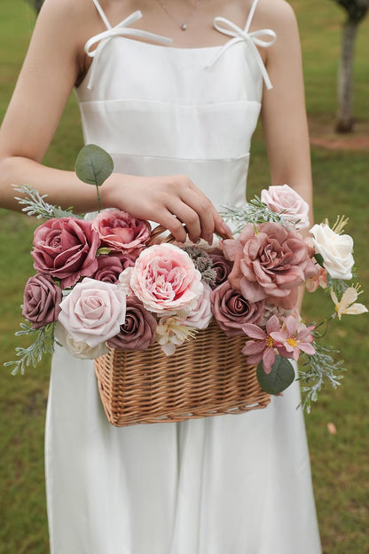 Dusty Rose Artificial Flowers Set - Fake Roses, Peonies, Silk Flowers with Stems for DIY Wedding Bouquets, Floral Arrangement, Table Centerpieces, Baby Shower, Home Decor