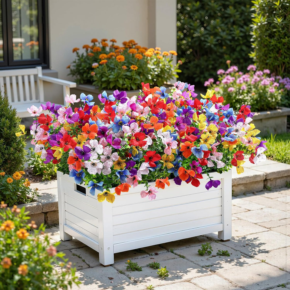 SHareconn 20 Bundles Artificial Flowers Outdoors Decoration, Fake Silk mums Eucalyptus Realistic UV Resistant Faux Plants for Outside Indoor Planter Porch Yard Home Spring Decor, Mix 8 Colors