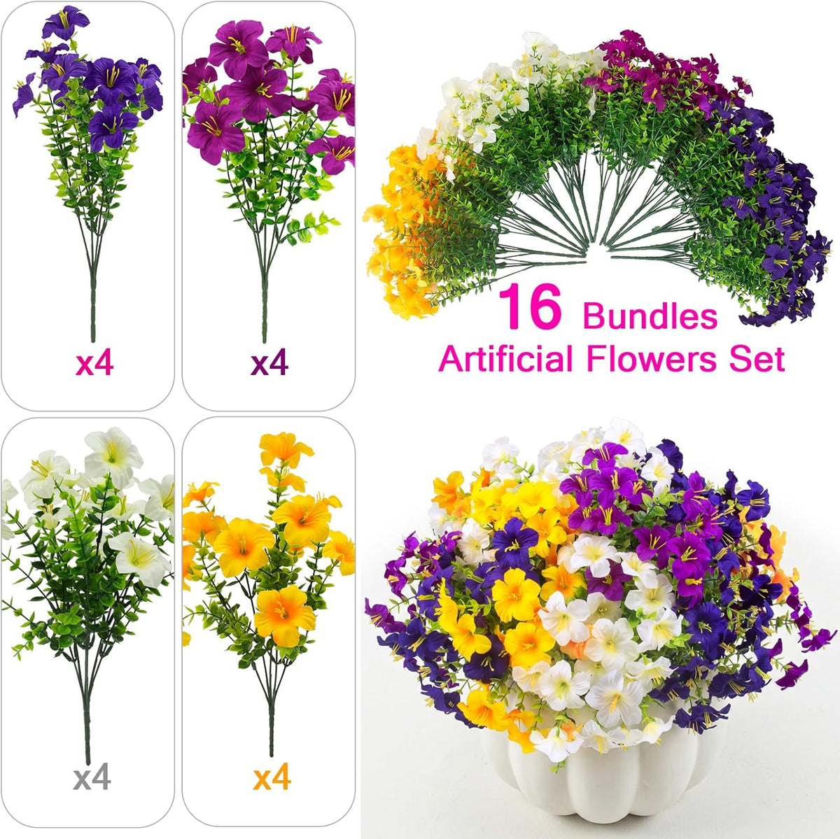 16 Pcs Faux Petunias Artificial Flowers For Outdoors, UV Resistant Fake Petunias Plants Realistic Silk Flowers for Porch Front Door Garden Window Outside Decor (16, White, Yellow, Purple, RedViolet)
